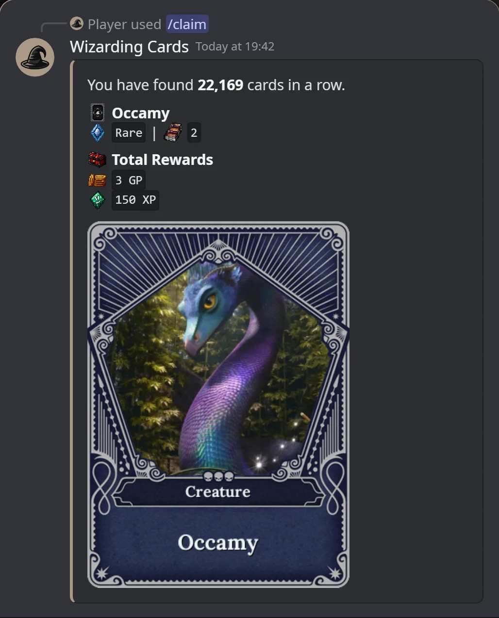 The bot answering /claim in Discord with a Rare card, the streak and the rewards