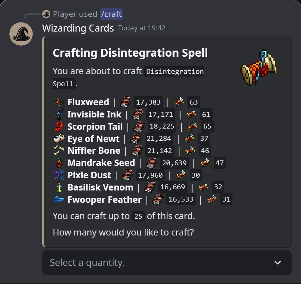 The bot answering /craft with the resources a Disintegration Spell takes