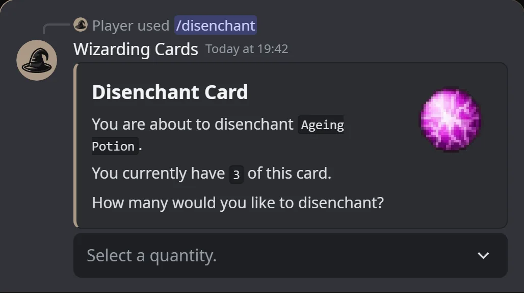 The bot answering /disenchant, asking how many of a card to disenchant