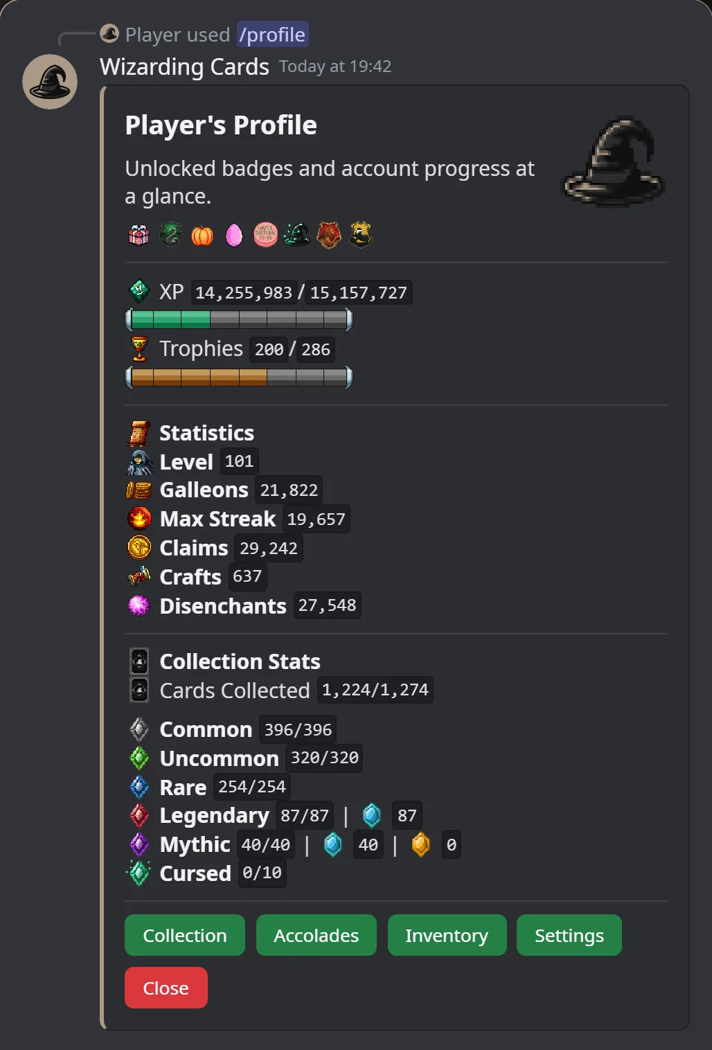 The bot answering /profile with a player's level, statistics and cards collected by rarity
